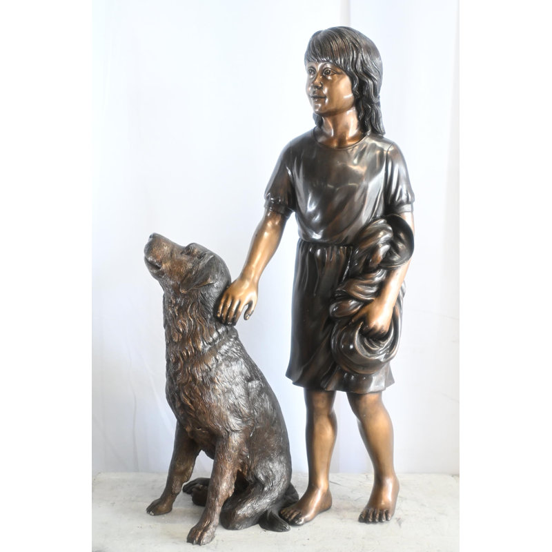 Sculpture fille et chien en bronze debout, enfant et animal de compagnie 23 po x 13 po x H 39 po