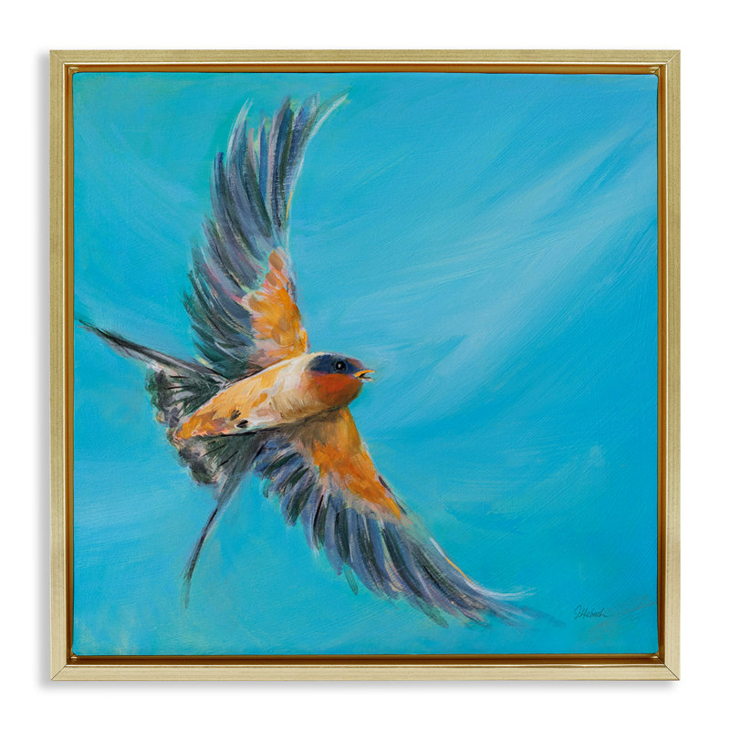 «Soaring Bird on Blue», art mural sur toile flottante par Sue Schlabach, Cadre flottant métallique doré, H 18 po x l 18 po