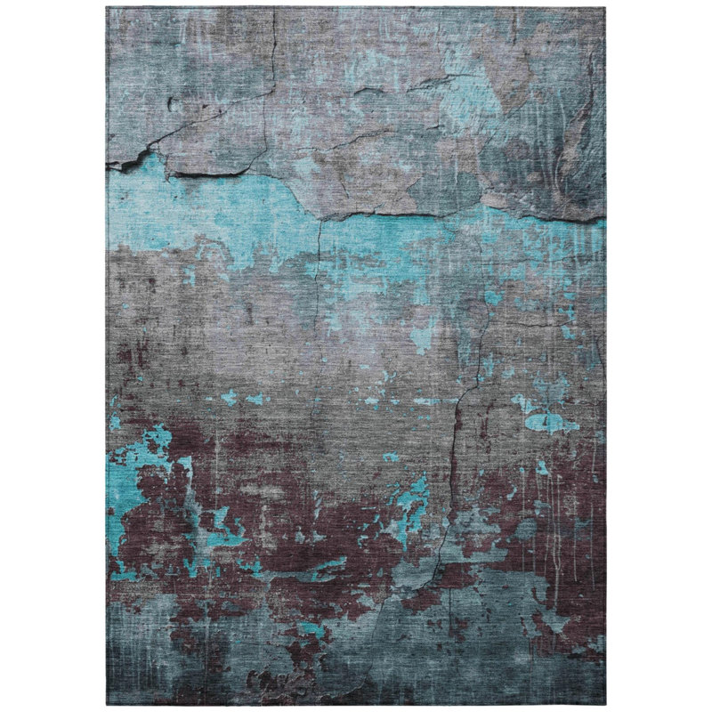 Tapis intérieur/extérieur lavable, 2,44 m x 3,05 m, motifs abstraits bleu sarcelle, gris et taupe