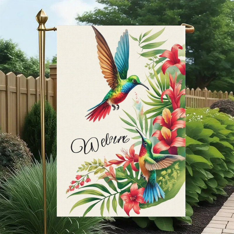 Vibrant Tropical Hummingbird Floral Sketch, Double Sided Decorative Flag, 12 in X 18 in