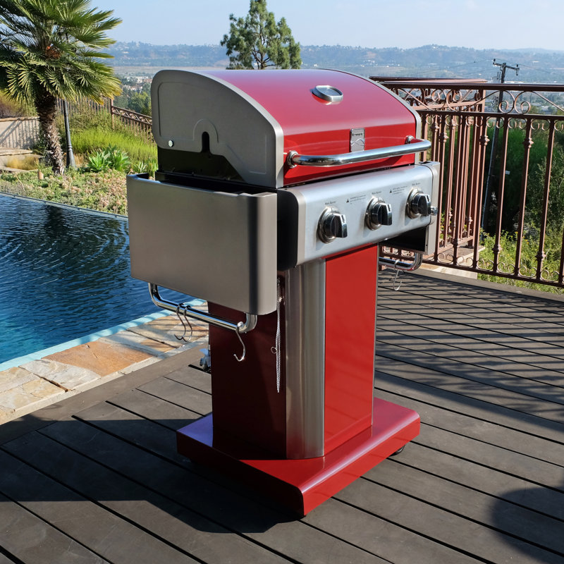 Kenmore 3-Burner Propane Gas Grill with Foldable Side Tables for Outdoor BBQ, Red