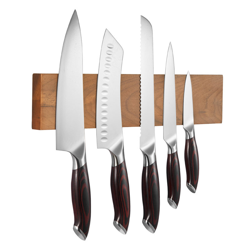 Ensemble de couteaux de cuisine, 6 couteaux tranchants en acier inoxydable à haute teneur en carbone, coutellerie de cuisine professionnelle avec poignée ergonomique résistante aux fissures et porte-couteaux magnétique à finition noyer