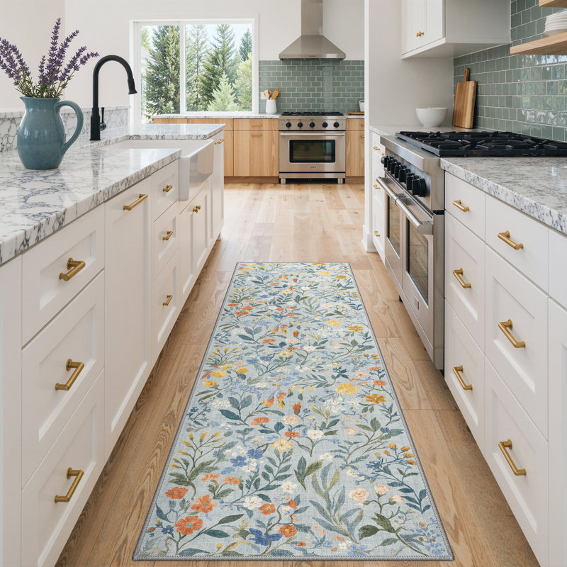Eden Floral Blue Machine Washable Indoor Runner Rug With Non-Slip Backing, Runner 2' x 6', Gray/Blue/Orange