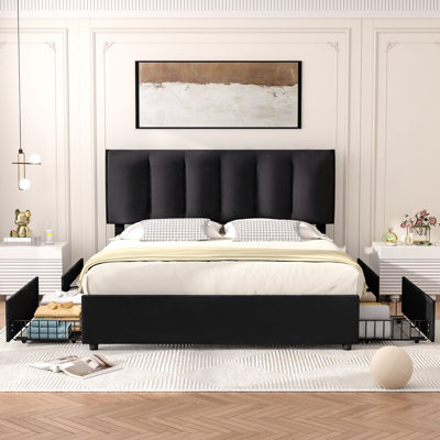 Cahlin Full Storage Bed Frame Velvet Upholstered Platform Bed with 4 Storage Drawer, Adjustable Headboard and Wood Slat Support, Beige