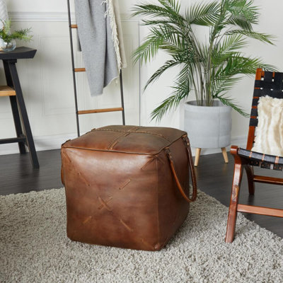 Pouf en toile brun avec poignées en cuir 20 po x 20 po x 19 po