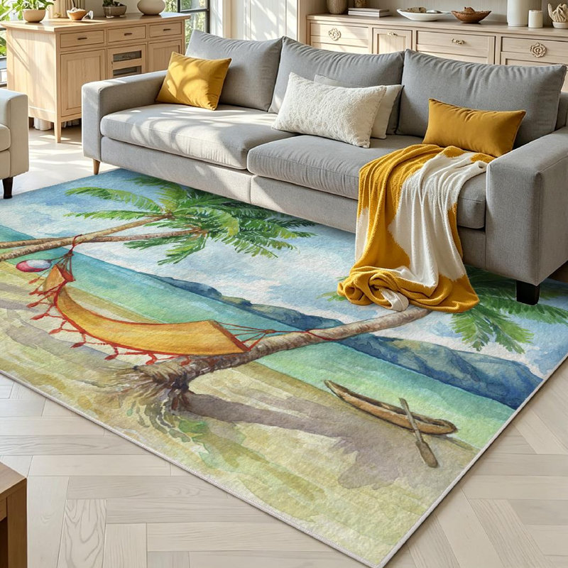 Clear Tropical Landscape Coconut Palms Beach Ocean Bright Sunny Summer Day Machine Washable Indoor Area Rug