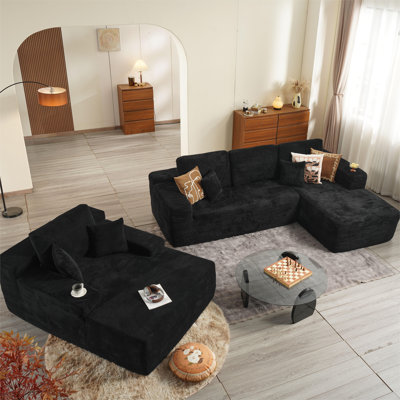 3-Piece No-Assembly Living Room Set, Corduroy Modern Sectional Sofa With Loveseat And Chaise Lounge by Latitude Run