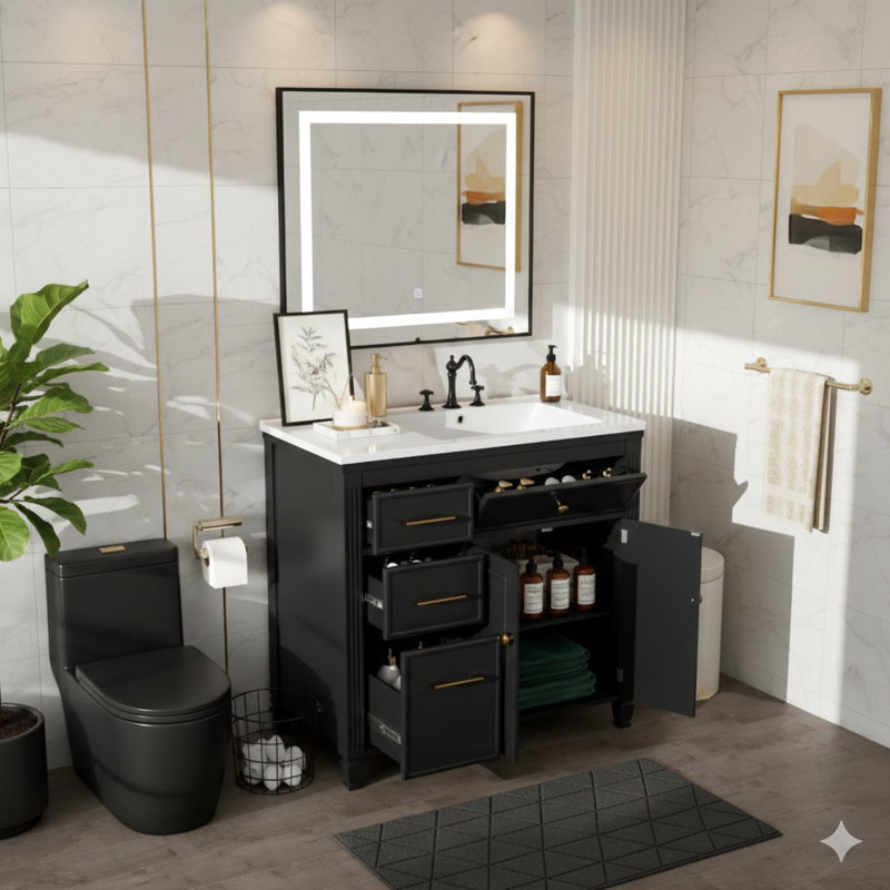 Meuble-lavabo de 36 pouces avec lavabo, lavabo en céramique, un tiroir basculant, trois tiroirs latéraux, tablette réglable, finition noire