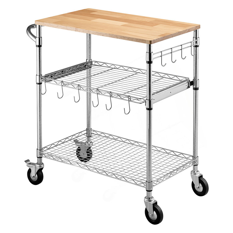 Chariot de cuisine robuste à 3 niveaux avec dessus en bois et barre d'appui