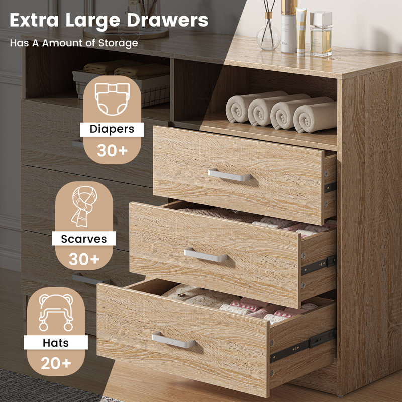 Alcy 6 Drawers Dresser,Modern Storage Tower Dressers and Chests 2 Open Cubby,Large Organizer for Bedroom