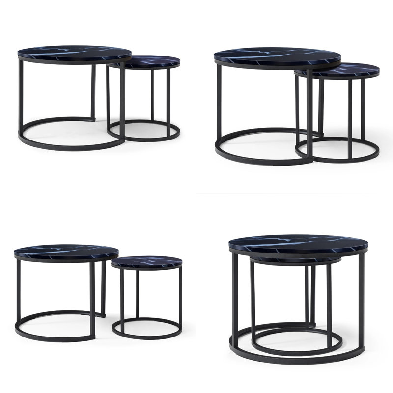 Nesting Round Coffee Tables Set of 2 with Gold Metal Frame – Marble-Pattern MDF Tops, Modern Industrial Accent Tables for Living Room, Bedroom, or Apartment