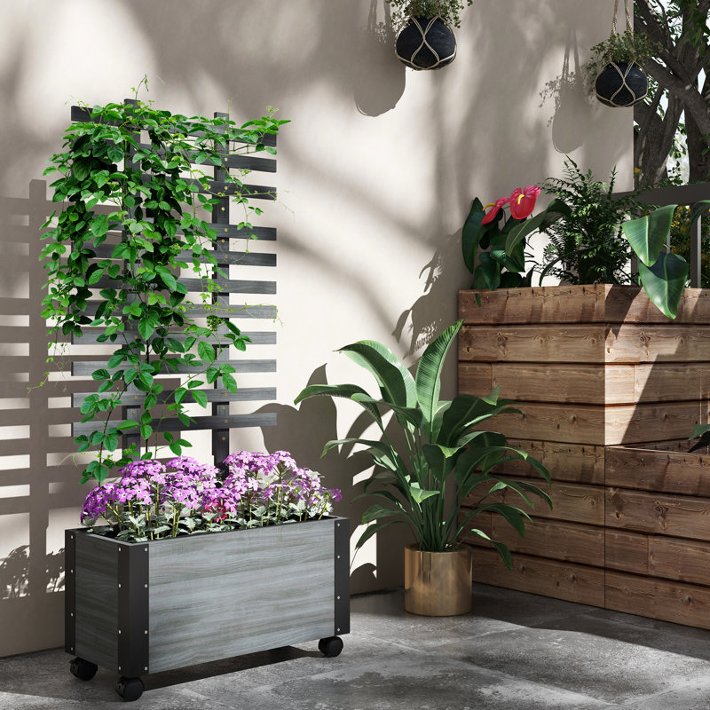 Chariot de jardin surélevé en bois 58 "avec treillis et roues, pour jardins, verdure grise