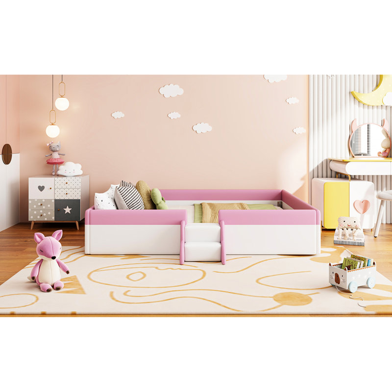 Très grande structure de lit de jour rembourrée avec clôture, aspect rose et blanc, dix lattes de lit pour plus de durabilité, installation rapide, installation facile