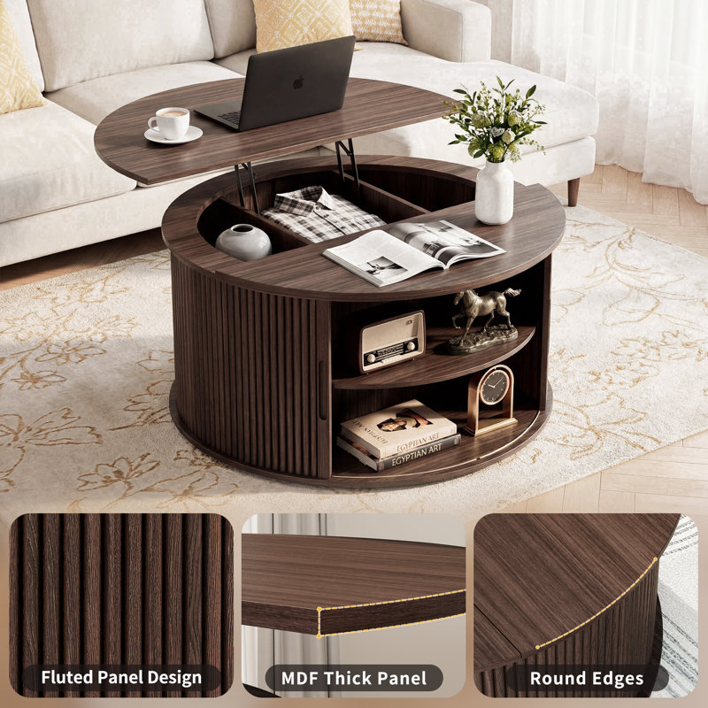  Lift-Top Coffee Table with Hidden Storage & Open Shelf, Round 31.5” Wooden Cocktail Table for Living Room, Brown Finish with Black Metal Frame