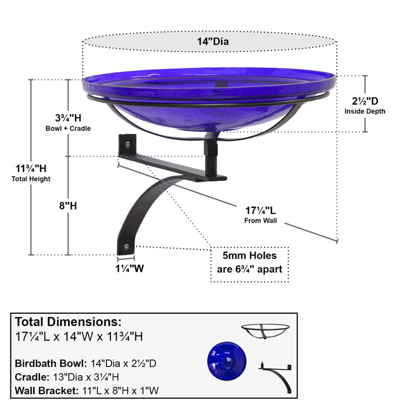 Cobalt Blue Crackle Glass Birdbath with Wrought Iron Wall Bracket