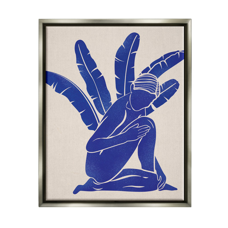 «Modern Blue Woman Palm Plant» par JJ Design House LLC - impression, H 21 po x l 17 po x P 1,7 po, Cadre flottant gris lustré