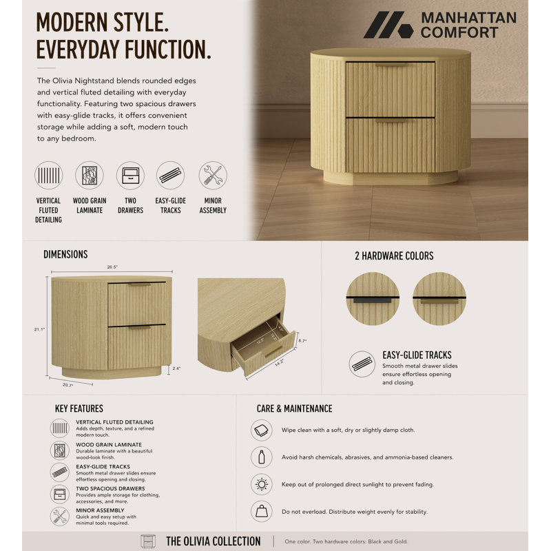Olivia 27" W Modern 2-Drawer Nightstand in Natural Oak with Gold Legs, Natural Oak/Gold