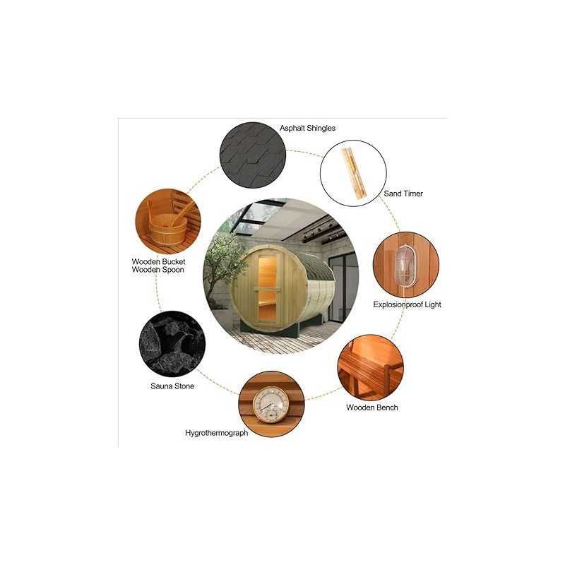 ZONEMEL Outdoor Barrel Steam Sauna, Canadian Hemlock Sauna Room for 2 Person with 4.5KW ETL Certified TOULE Heater,Rocks, 8mm Tempered Glass, Waterproof System