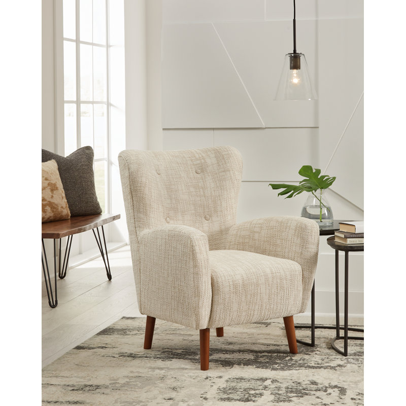 Beige Tufted Wingback Accent Chair with Brown Legs