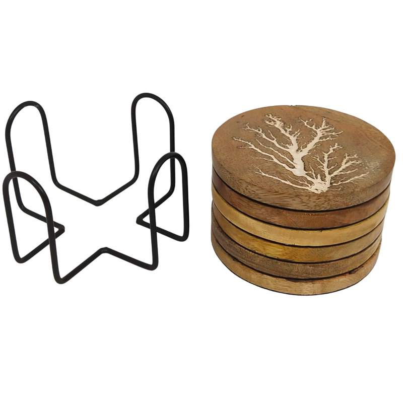 Ensemble de sous-verres géométriques en bois avec support, Brun / blanc, Éclair