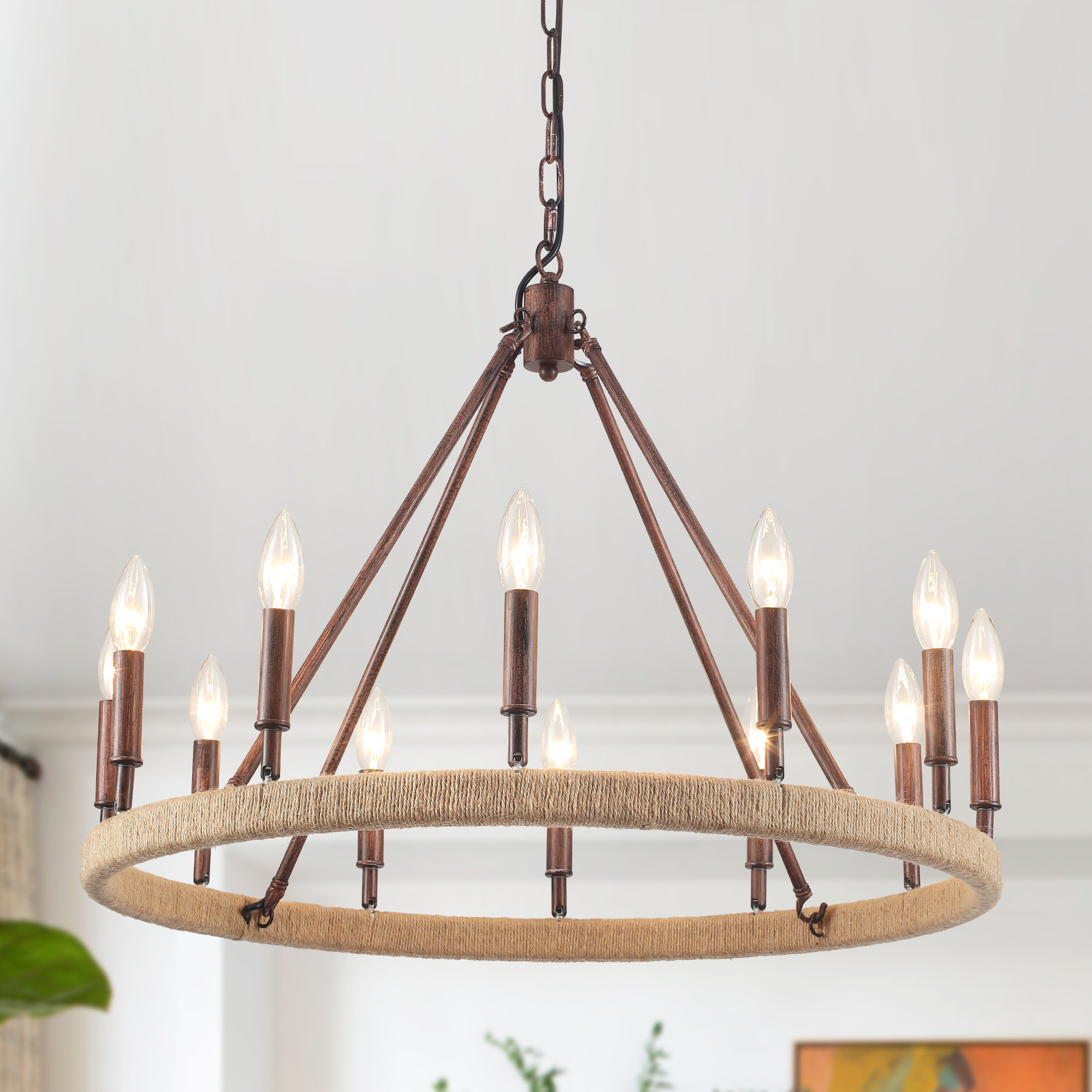 Rustic 9 light shops rope wagon wheel chandelier