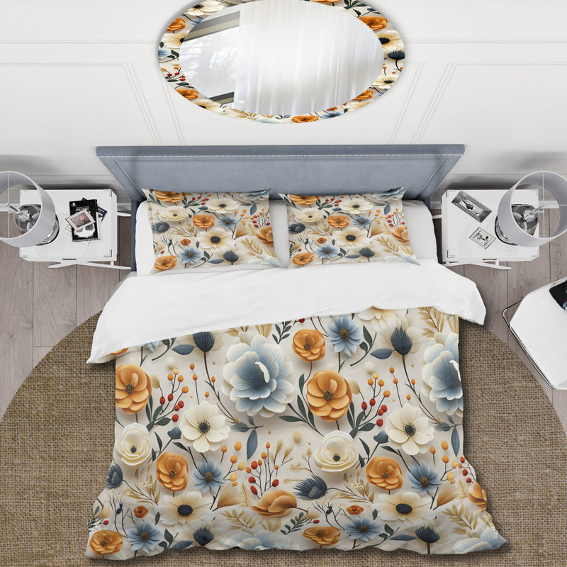 Ensemble de housse de couette dorée et blanche Vintage Poppy Dreams, Housse de couette pour grand lit et 2 taies décor