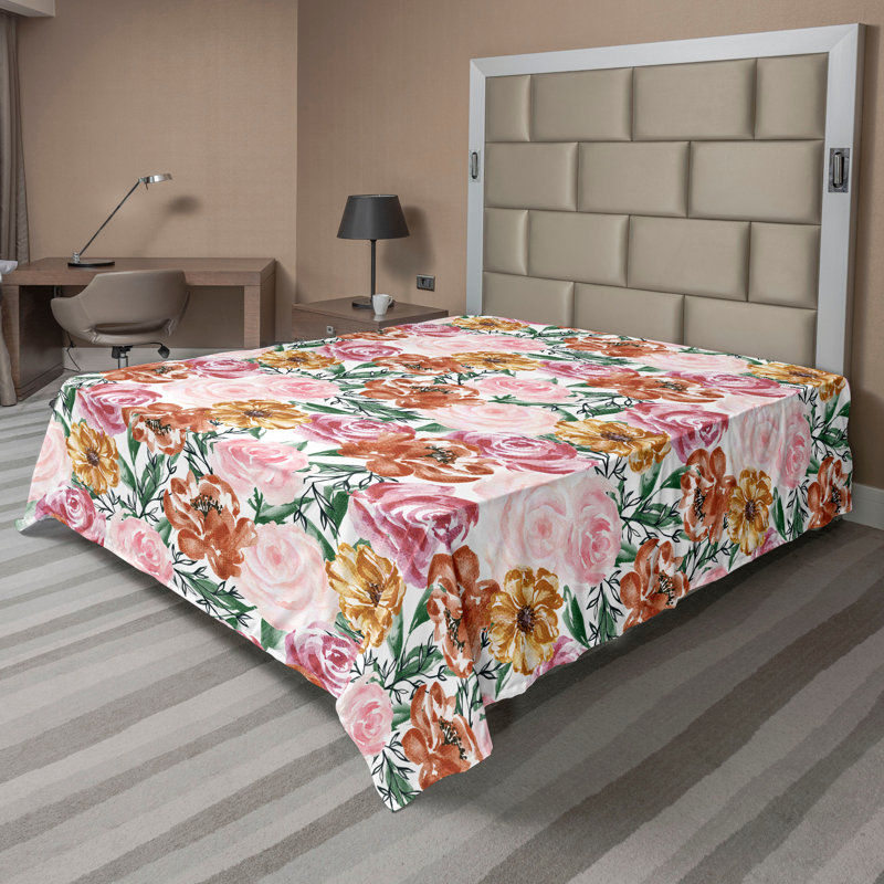 Drap plat Ambesonne, Drap plat de taille très grand, Rose, vert laurier / floral