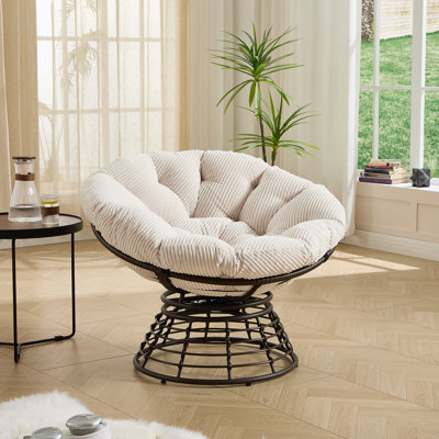 Fauteuil Papasan ergonomique et confortable, fauteuil pivotant à 360 ° pour l'intérieur et l'extérieur avec coussin épais et doux, idéal pour le salon, la chambre à coucher, la salle de lecture, cadre brun avec coussin blanc