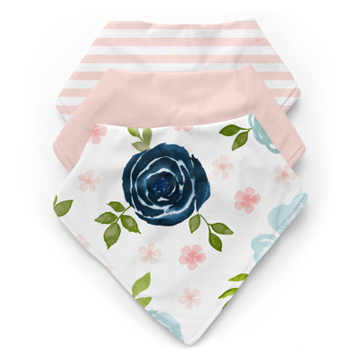 Watercolor Floral Navy Blue and Pink Fabric Bandana Baby Bibs by Sweet Jojo Designs -  3P-Bib-WatercolorFloral-PK-BU