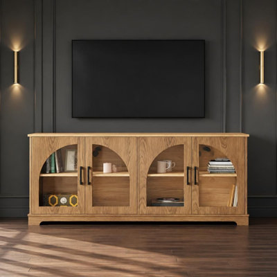 Meuble télé Farmhouse avec portes en verre semi-arquées pour téléviseur de 70 po ou moins, console média fonctionnelle avec tablettes de rangement réglables, buffet à grain de bois durable avec gestion des câbles intégrée