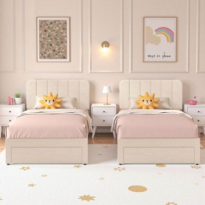 Ensemble de 2 lits simples avec cadre et têtes de lit tapissier réglables en velours et tiroirs de rangement sous le lit