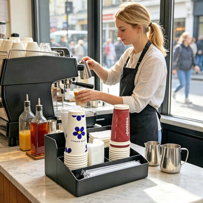 Organisateur de comptoir FixtureDisplays® pour machine à café, en polypropylène épais, pour tasses, couvercles, condiments et accessoires, noir A122BA066EAB4D65AF0470BBA35140BC