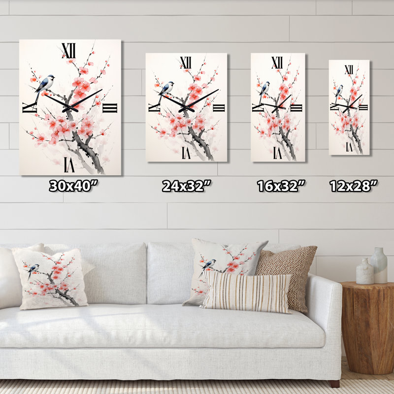 Asian Art Sumi Bird Serenity IX - Très grandes horloges murales asiatiques, H 28 po x l 12 po x P 1 po