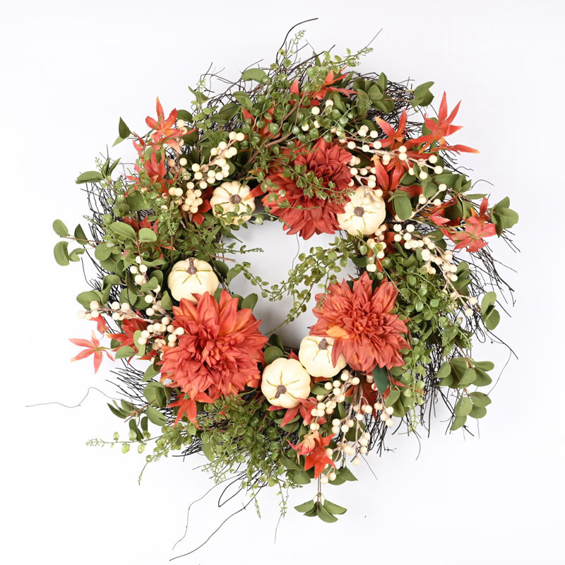24" Farmhouse Thanksgiving Pumpkin Maple Fall Autumn Wreath for Front Door
