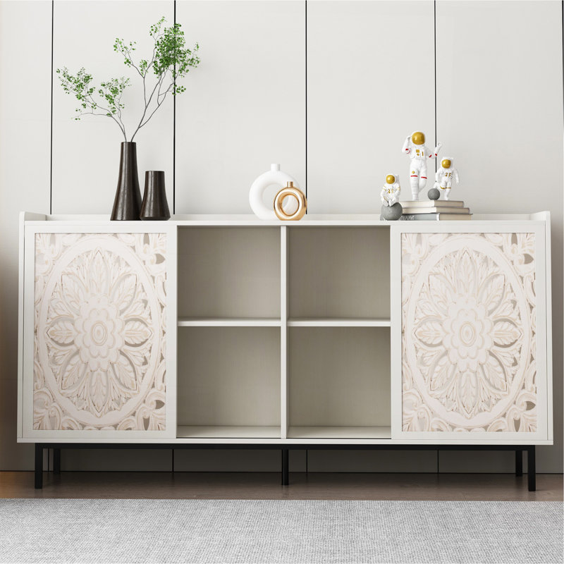 Meuble de salon de style Mid-Century moderne avec meuble télé et armoire de rangement blanc Curio convient aux armoires de télévision, tables, buffets, armoires décoratives (BLANC)