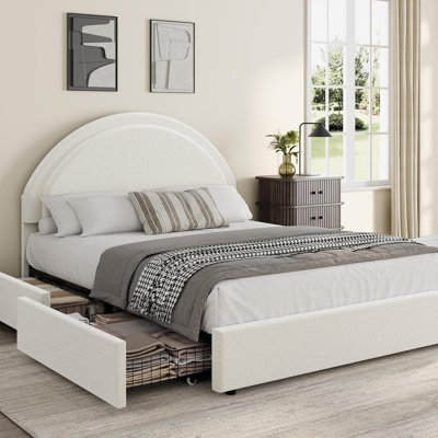Lit plateforme tapissier Boucle avec tiroirs de rangement et tête de lit ronde, ultra-silencieux