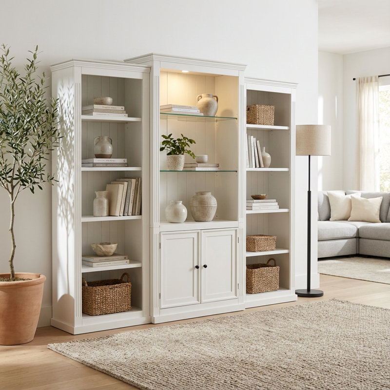 Ensemble de trois grandes bibliothèques et vitrines avec éclairage de plafond à DEL réglable et tablettes en verre trempé pour le salon, le bureau, le studio ou l'espace de travail en finition blanche