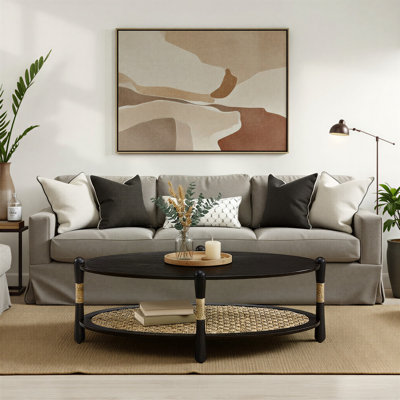 Oval Wood Coffee Table With Seagrass Shelf