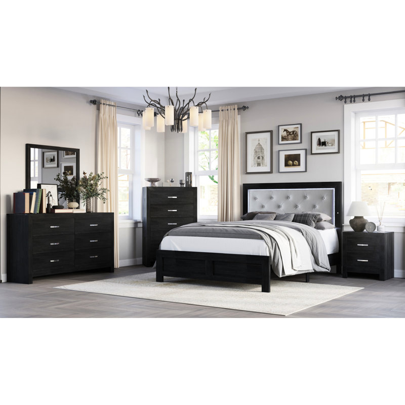 Très grand lit avec tête de lit tapissier, similicuir noir, bouton gris, lattes et pieds, lit de taille moderne pour article de chambre à coucher, éclairage à DEL de la tête de lit, revêtement, structure en bois