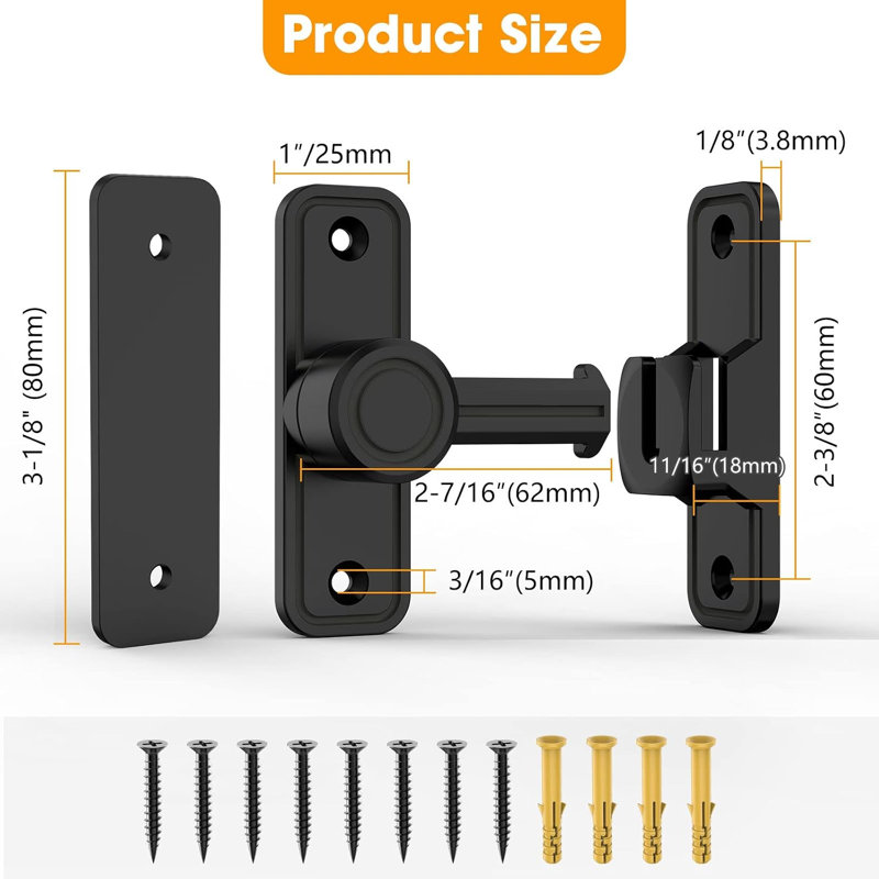 Sliding Barn Door Lock, 90°/180° Flip Latch, Black