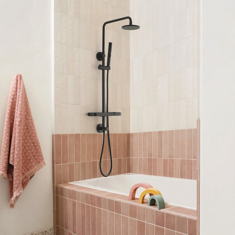 Combo de douche à pluie murale en acier inoxydable de 38 po de hauteur avec douche à main réglable et tablette de rangement