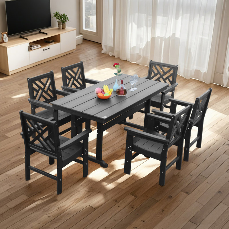 Ensemble de 7 meubles de patio en PEHD pour 6 personnes, 7, Noir