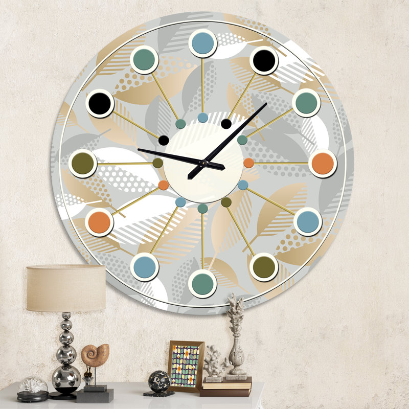 Luxueux motif géométrique de feuilles d'automne - horloge murale moderne Mid-Century, Moyenne