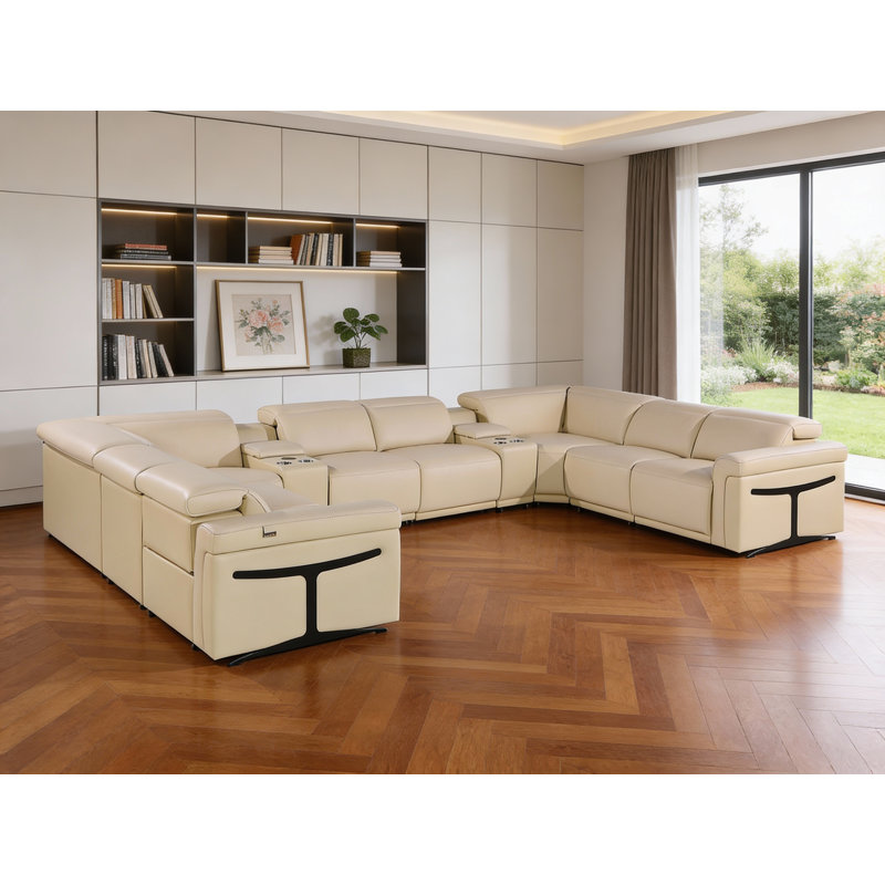 Canapé modulaire en U beige inclinable électrique en cuir beige avec console