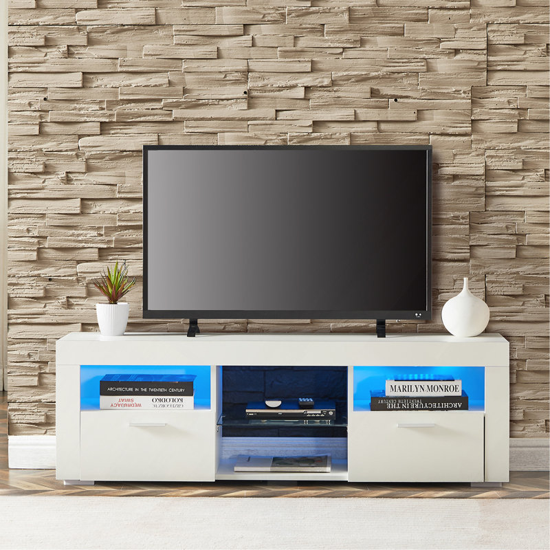 White Modern TV Stand With LED Lights, High Glossy Front, Versatile For Living And Bedroom Use, Space-Saving Design, White 2