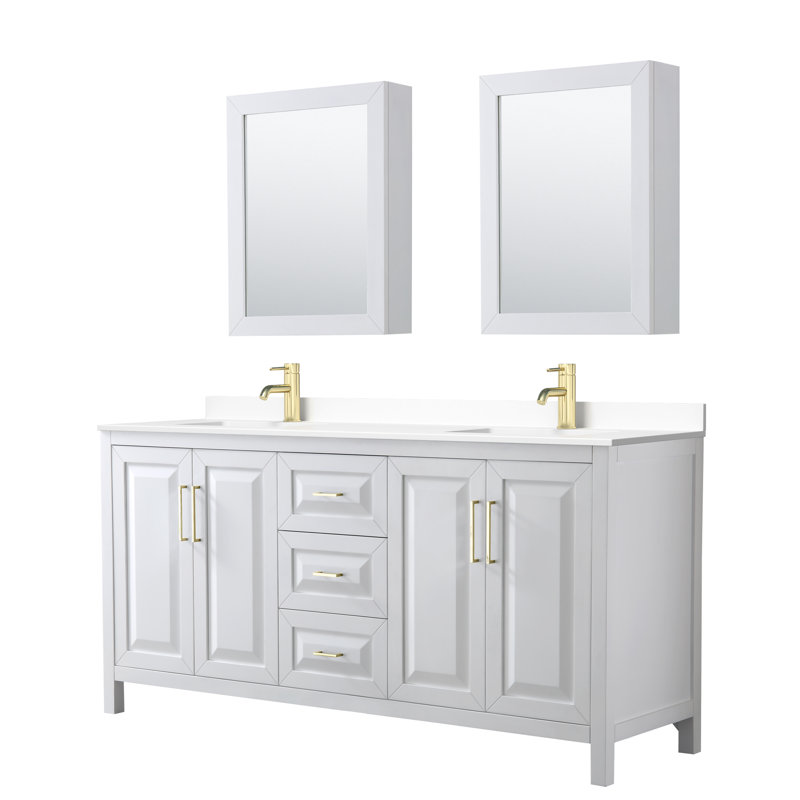 Daria 72'' W Double Vanity, White, White Cultured Marble, Brushed Gold
