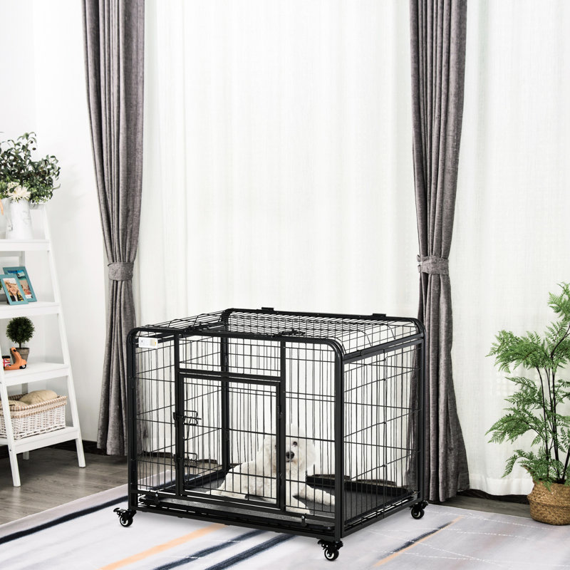 Chenil en métal pour chien, pliant de 37 po avec plateau et couvercle amovibles, 4 roulettes verrouillables pour une mobilité intérieure / extérieure transparente, caisse de construction robuste, caractéristique, plateau, utilisation de la housse, foncé