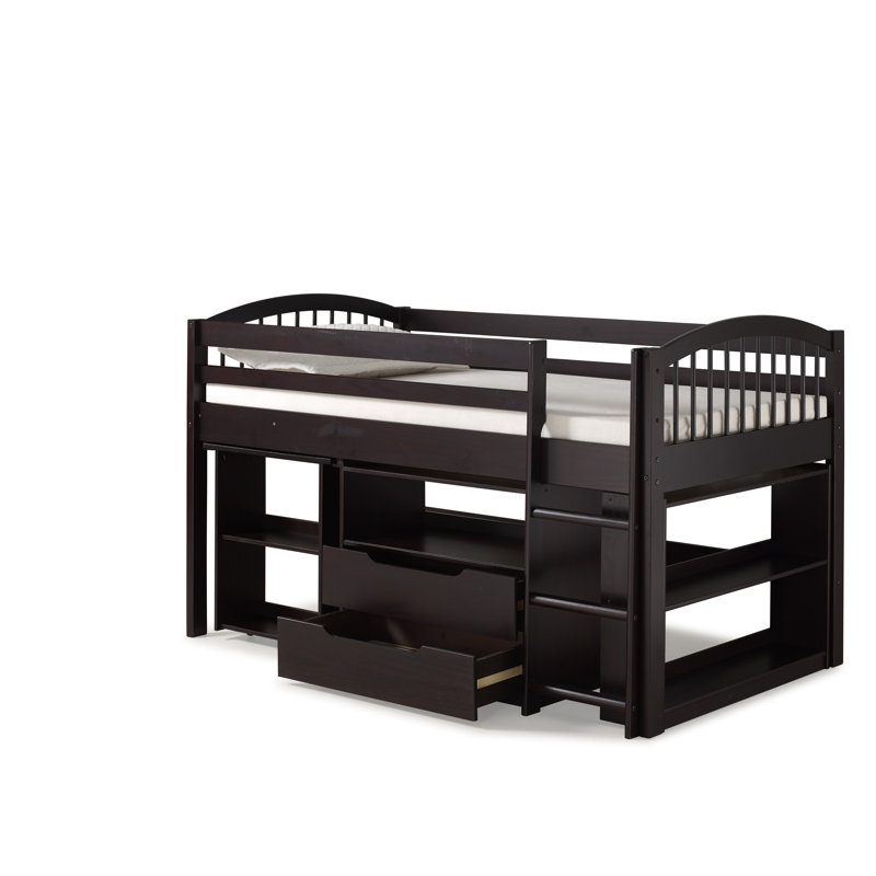 Lit mezzanine simple en bois massif avec bureau à tiroirs et tente interchangeable Abigail, Espresso