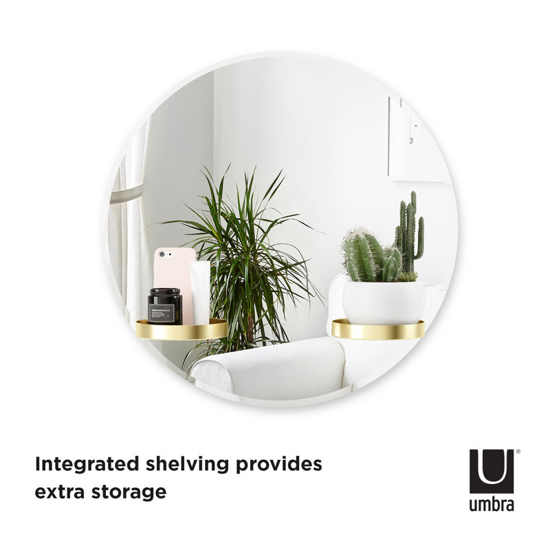 Frameless Round Wall Mirror with Brass Shelves