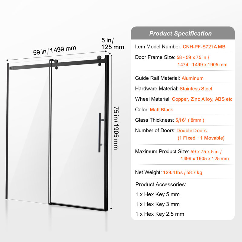 Frameless Shower Door 58-59" x 75" SGCC Tempered Glass 5/16", Matte Black